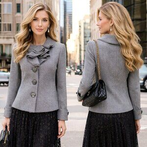 ZORI Collection Layered Ruffled Neckline Tailored Single Breasted Gray Coat Sz 8